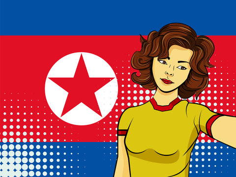 Asian woman taking selfie photo in front of national flag North Korea in pop art style illustration. Element of sport fan illustration for mobile and web apps