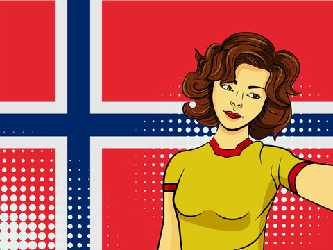 Asian woman taking selfie photo in front of national flag Norway in pop art style illustration. Element of sport fan illustration for mobile and web apps