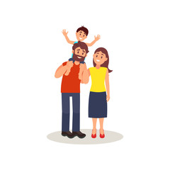Smiling parents standing together, little son sitting on fathers shoulders vector Illustration on a white background