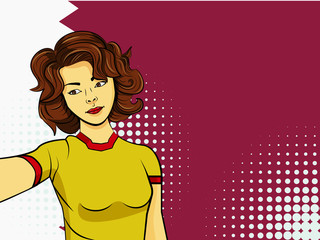 Asian woman taking selfie photo in front of national flag Qatar in pop art style illustration. Element of sport fan illustration for mobile and web apps