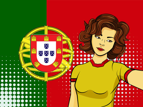 Asian woman taking selfie photo in front of national flag Portugal in pop art style illustration. Element of sport fan illustration for mobile and web apps