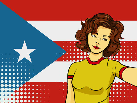 Asian woman taking selfie photo in front of national flag Puerto Rico in pop art style illustration. Element of sport fan illustration for mobile and web apps
