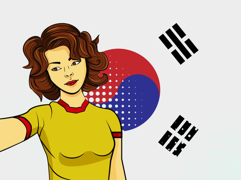 Asian woman taking selfie photo in front of national flag South Korea in pop art style illustration. Element of sport fan illustration for mobile and web apps