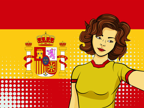 Asian woman taking selfie photo in front of national flag Spain in pop art style illustration. Element of sport fan illustration for mobile and web apps