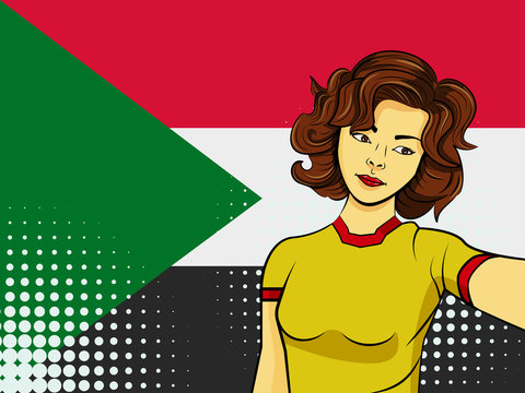 Asian woman taking selfie photo in front of national flag Sudan in pop art style illustration. Element of sport fan illustration for mobile and web apps
