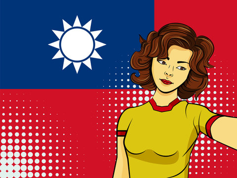 Asian woman taking selfie photo in front of national flag Taiwan in pop art style illustration. Element of sport fan illustration for mobile and web apps