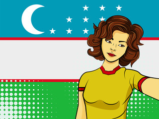 Asian woman taking selfie photo in front of national flag Uzbekistan in pop art style illustration. Element of sport fan illustration for mobile and web apps