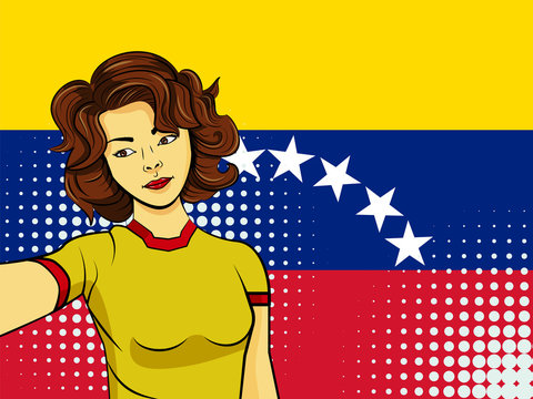 Asian woman taking selfie photo in front of national flag Venezuela in pop art style illustration. Element of sport fan illustration for mobile and web apps