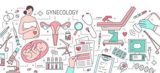 Modern horizontal banner with pregnant woman, fetus in womb, uterus, gynecological examination chair and medical equipment. Gynecology and obstetrics. Colorful vector illustration in line art style.