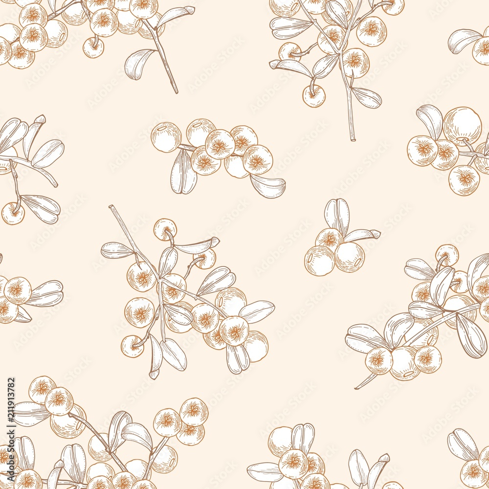 Poster gorgeous seamless pattern with arctic lingonberry hand drawn with contour lines on light background.