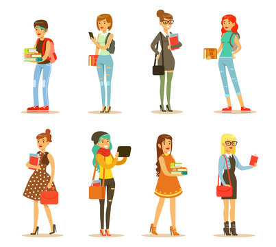 Flat vector set of young girls with books and bags. Students of college or university. Cartoon female characters in stylish casual clothes
