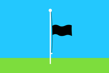 Black flag is flying below the summit on a pole / mast. Half-pole and half-mast lowered position of flag because of mouring grieve, lament and distress. Vector illustration