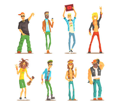 Cartoon people characters of different subcultures. Young guys and adult men's with cultural attributes. Flat vector set