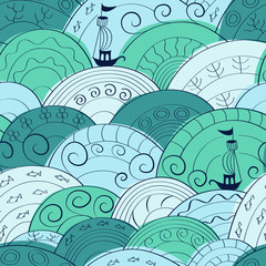 Vector illustration of Ocean in the form of a seamless pattern. Perfect design for posters, cards, textile, web pages. Beautiful hand-drawn. Scandinavian style.