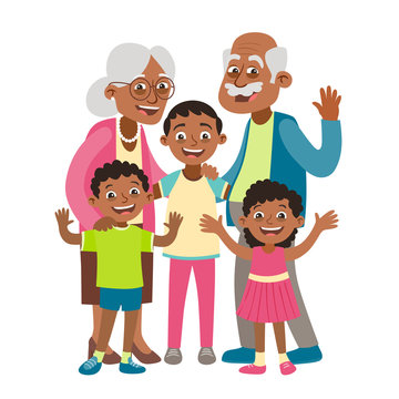 Grandparents, grandson and two grandchildren portrait. Happy grandparents day concept. Vector illustration in cartoon style, isolated on white background. 