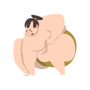 Sumo wrestler character in fighting stance, sumoist athlete, Japanese martial art fighter vector Illustration on a white background