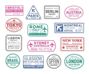 Obraz premium Collection of passport visa stamps isolated on white background. Bundle of travel or touristic marks. Set of round, rectangular and triangular journey or trip markings. Colorful vector illustration.