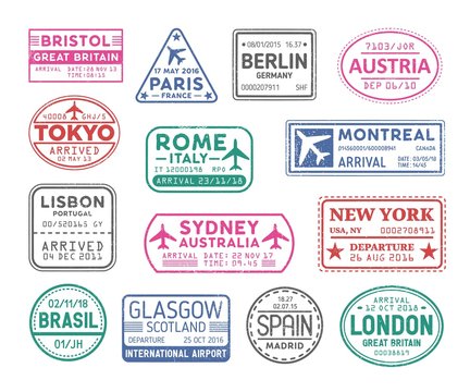 Collection of passport visa stamps isolated on white background. Bundle of travel or touristic marks. Set of round, rectangular and triangular journey or trip markings. Colorful vector illustration.