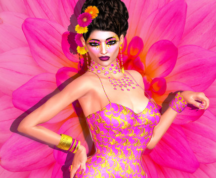 Flamenco dancer, sexy woman in colorful dress with flowers, petals and swirls. Get attention for your project with our original 3d rendered digital model art dance scenes.