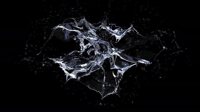 Water splash perfect shape explode from center around itself, more detail for element, begin speed and slowly, alpha channel.