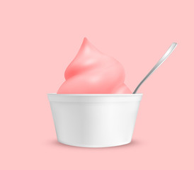 Strawberry ice cream in a cup with a spoon