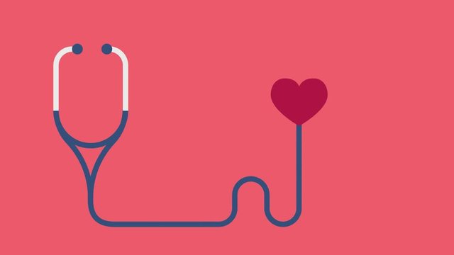 A Doctor hand takes a stethoscope with a symbol of a beating heart. Motion graphic in flat style with text. World Health day concept