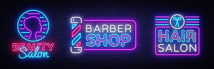 Obraz premium Hair salon logo collection vector. Beauty Salon neon sign, Barber Shop modern trend design, light vector illustration, light banner, Vintage sign. Vector Illustration. Billboards