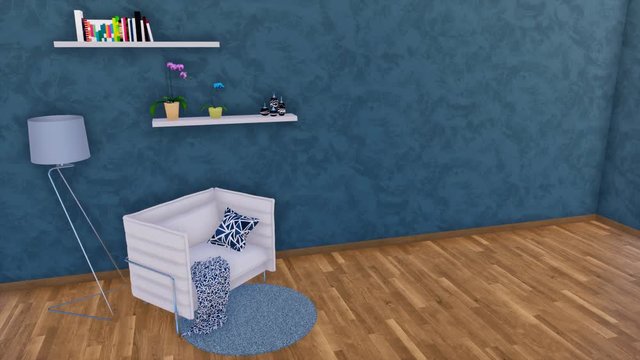 Armchair or tiny sofa, floor lamp and simple shelves in modern minimalist living room interior with empty dark blue textured wall and wooden parquet flooring. 3D animation rendered in 4K