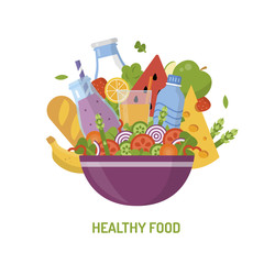 Healthy food concept. Milk, water, salad, cheese, bread, fruits and vegetables. Template for your design. Flat style. Vector illustration concept.