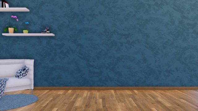 Modern white armchair or tiny sofa, floor lamp and simple shelves in minimalist living room interior with empty dark blue textured stucco wall and wooden flooring. 3D animation rendered in 4K