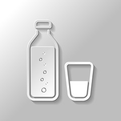bottle of water with bubbles and glass cup. simple icon. Paper s