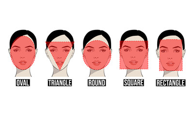 Set of vector face shapes. Oval, triangle, round, square, rectangle. Different types of face people. Various types of women faces. Set Portrait of beautiful women - 211919995
