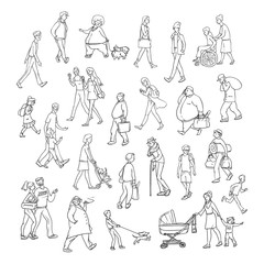 Vector sketch people walk down street. Children and adults characters different ages, physiques and moods. Mother with stroller, schoolchildren and young friends. Set persons illustration