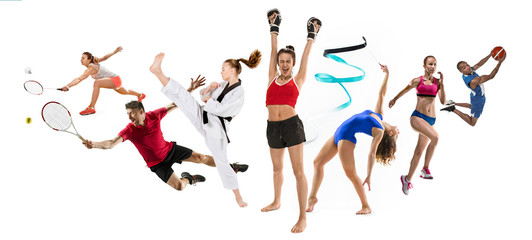 Sport collage about kickboxing, basketball, badminton, taekwondo, tennis, athletics, rhythmic gymnastics, running and jumping in height