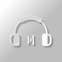 Headphones and music wave. Min volume level. Simple icon. Paper