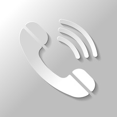 Ringing phone icon. Retro symbol. Paper style with shadow on gra