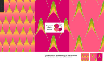 Food patterns, summer - fruit, dragonfruit texture, tiny half of dragon fruit image in the center - three seamless patterns of dragonfruit rind, little thorns, aril, peel, skin, healthy vitamin fruit