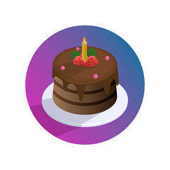 Vector chocolate birthday cake with strawberries and candle on a plate