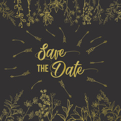 Fototapeta na wymiar Save the date wedding invitation card template decorate with hand drawn wreath flower in vintage style. Vector illustration.