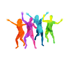 A group of happy and active young people jumping in colourful textures isolated on a white background. Vector illustration.