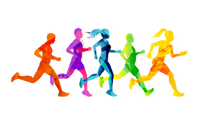 A group of running men and women competing and staying fit. Colourful texture people silhouettes. Vector illustration. - obrazy, fototapety, plakaty