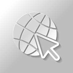 Globe and arrow icon. Paper style with shadow on gray background