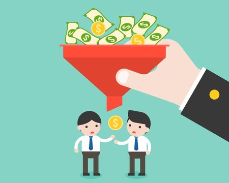 Businessman and small money from filter, unfair paid and unequality capitalism business situation concept flat design