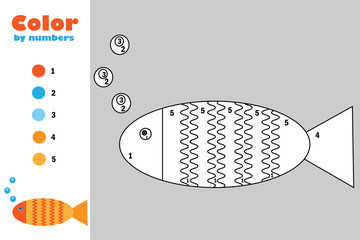 Fish in cartoon style, color by number, education paper game for the development of children, coloring page, kids preschool activity, printable worksheet, vector illustration