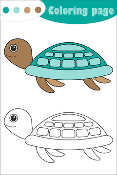 Turtle in cartoon style, coloring page, education paper game for the development of children, kids preschool activity, printable worksheet, vector illustration