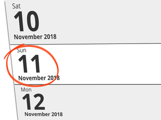 Date Sunday 11 November 2018 circled in red on a calendar