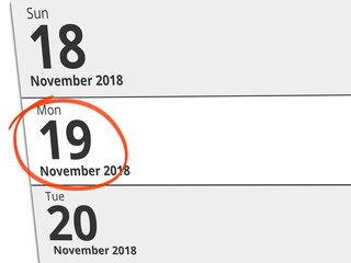 Date Monday 19 November 2018 circled in red on a calendar