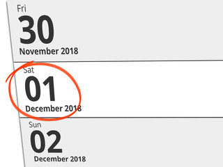 Date Saturday 01 December 2018 circled in red on a calendar