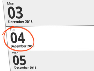 Date Tuesday 04 December 2018 circled in red on a calendar