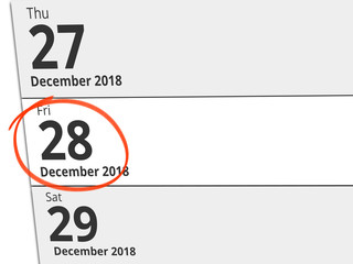 Date Friday 28 December 2018 circled in red on a calendar